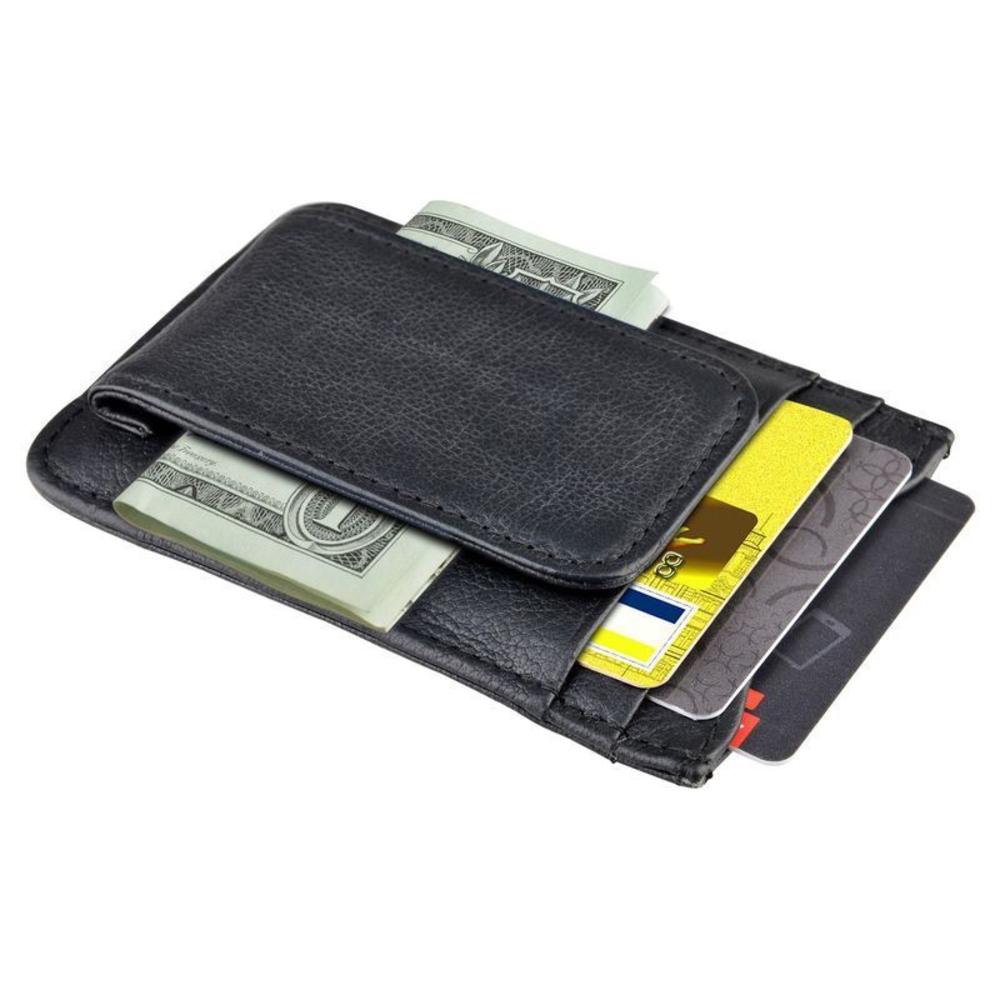 CE Compass Genuine Leather Money Clip Credit ID Card Holder Slim Thin Front Pocket Wallet w/ 3 Slots 1 Transparent ID Slot For Mens Black