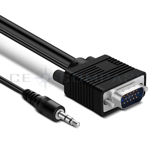 CE Compass VGA Cable with Audio 3.5mm AUX Jack 50Ft SVGA UXGA with Auxiliary Stereo Sound Connection Wire Cord LCD LED Monitor TV Projector