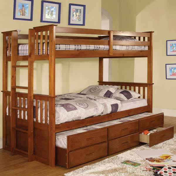 24/7 SHOP AT HOME Somerset Mission Style Oak Finish Dual Twin Size Bunk Bed With Trundle