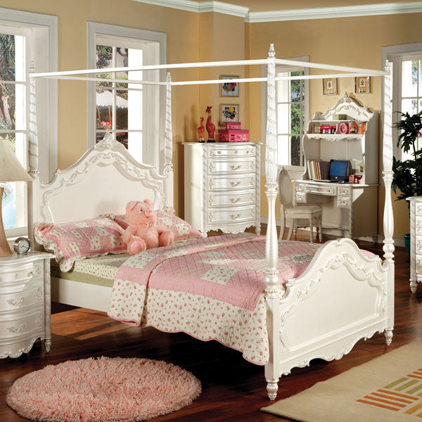 24/7 SHOP AT HOME Victoria English Style Pearl White Finish Full Size Youth Canopy Bed Frame Set