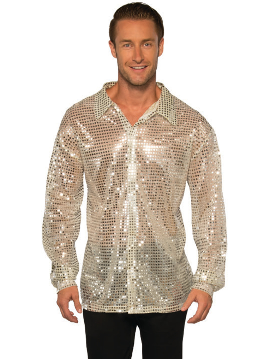 Pizazz Men S 70s Dancing King Silver Sequin Disco Shirt