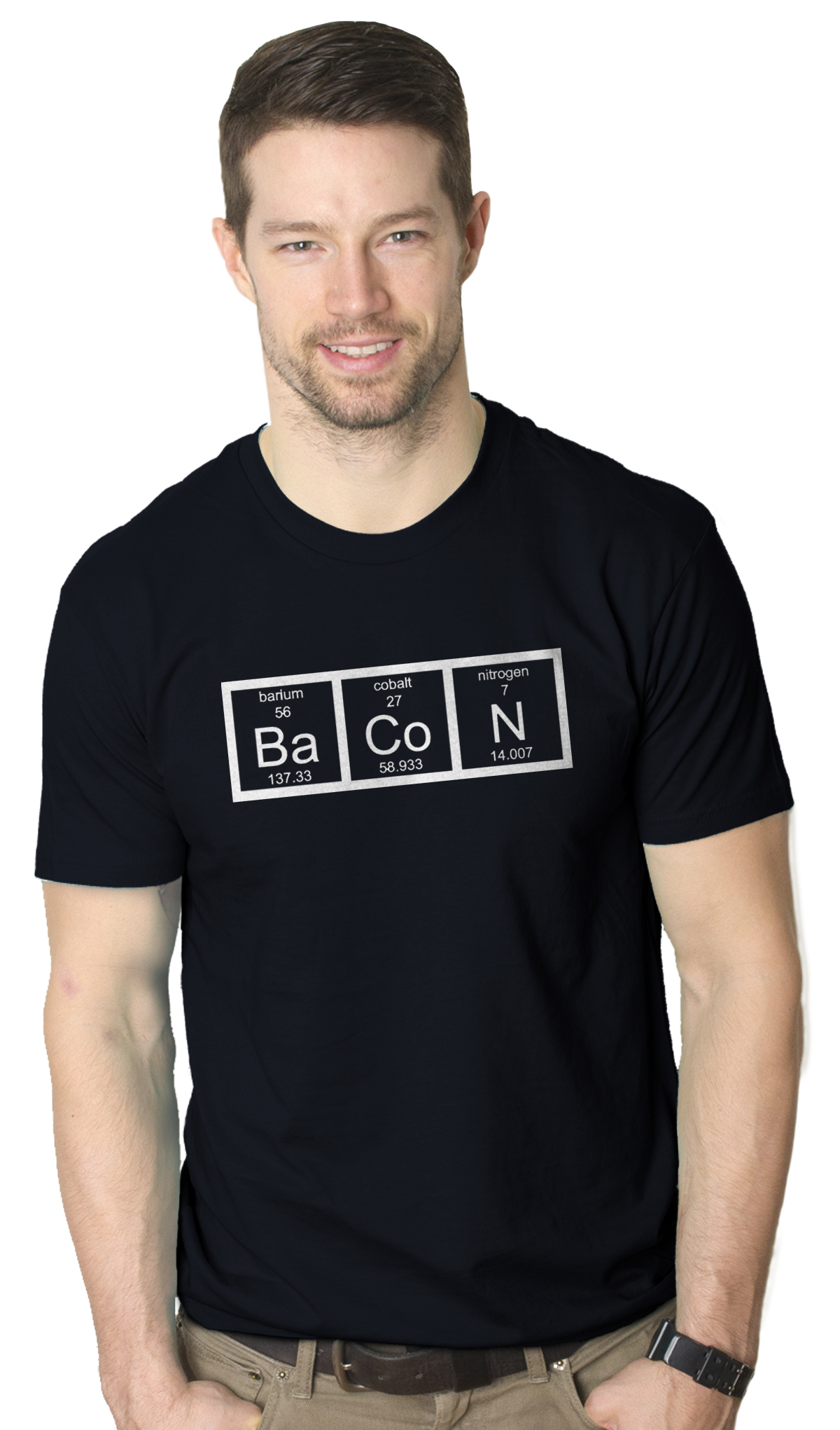 Crazy Dog Tshirts Mens Chemistry of Bacon Cool Nerdy Element Scientific T shirt (Navy)