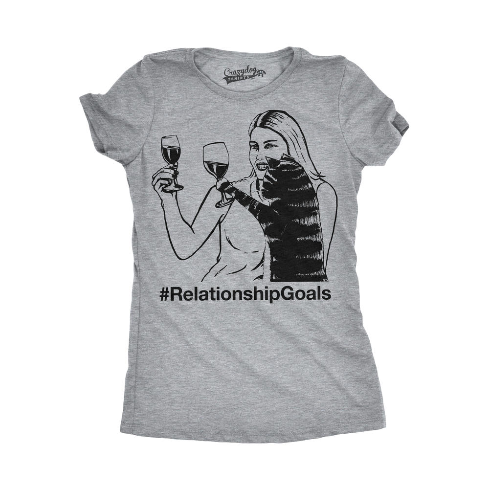 Crazy Dog Tshirts Womens Relationship Goals Funny Wine and Cat Best Friend Cat Lady T shirt