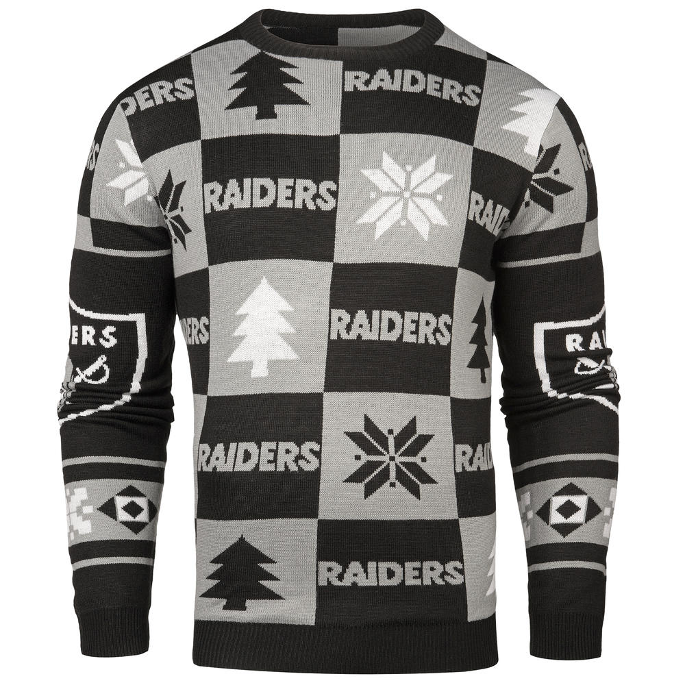 Forever Collectibles Oakland Raiders NFL  Black & Gray Knit Patches Ugly Sweater