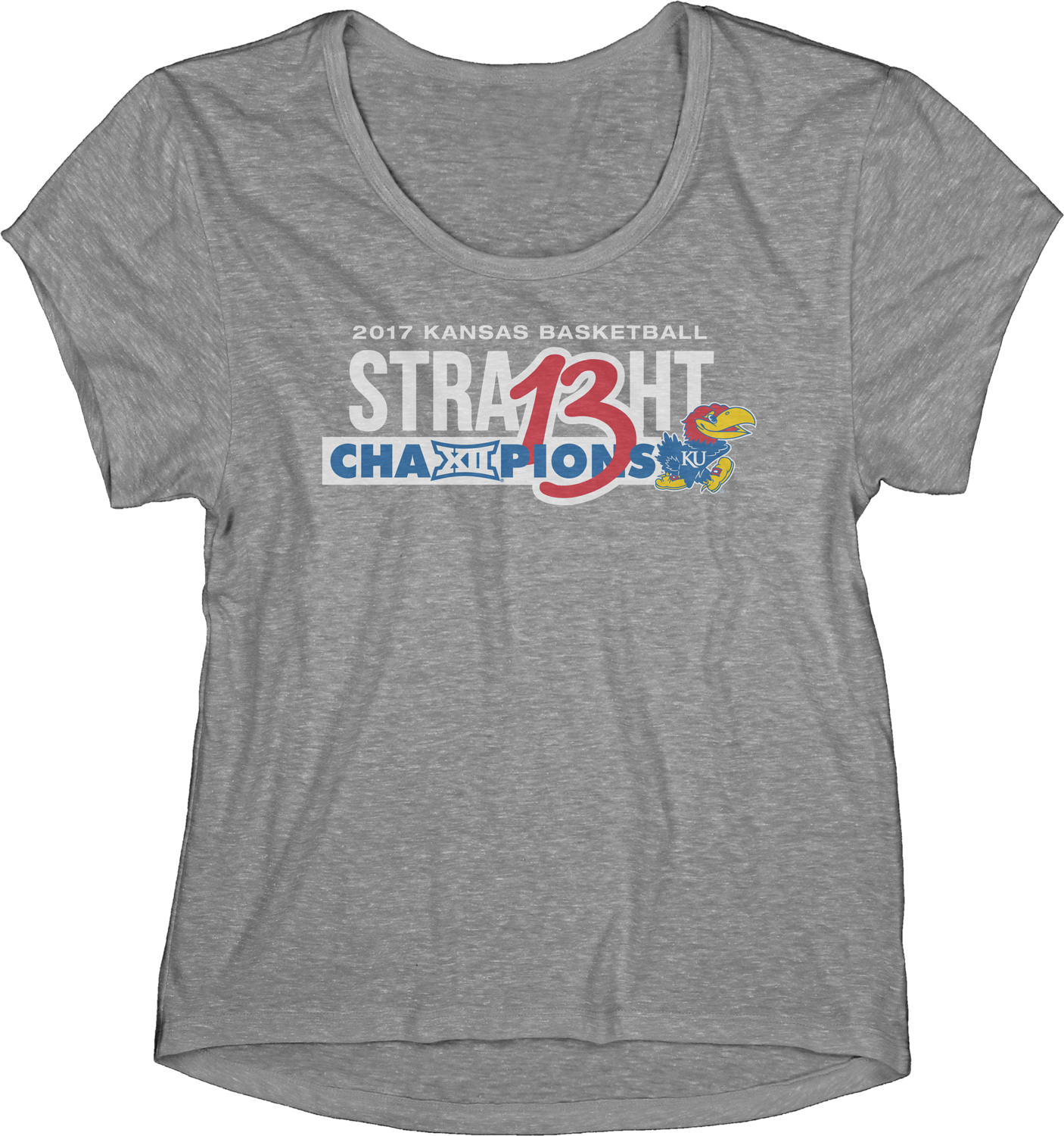 Blue 84 Kansas Jayhawks 13 Straight Basketball Big 12 Champion WOMEN Gray T-Shirt
