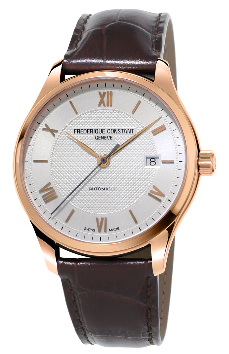 Frederique Constant Classics Index Automatic Rose Gold Tone Steel Silver Dial Date Brown Leather Strap Mens Watch FC-303MV5B4