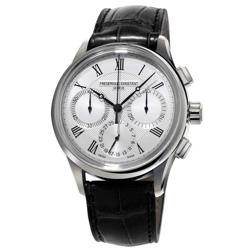 Frederique Constant Flyback Chronograph Manufacture Silver Dial Black Leather Strap Automatic Mens Watch FC-760MC4H6