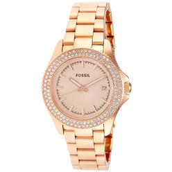 Fossil Retro Traveller Rose Gold-Tone Stainless Steel Rose Gold Dial Date Crystals Quartz Womens Watch AM4454