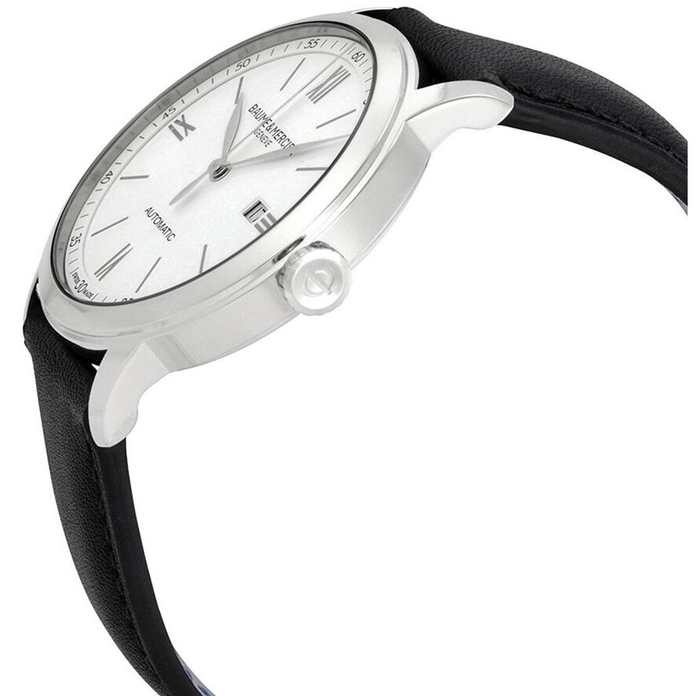 Baume & Mercier Classima Automatic White Dial Black Leather Strap Date Mens Watch MOA10332