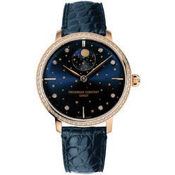 Frederique Constant Slimline Moonphase Stars Manufacture Automatic Rose Gold-Plated Blue Leather Blue Dial Diamonds Womens Wa