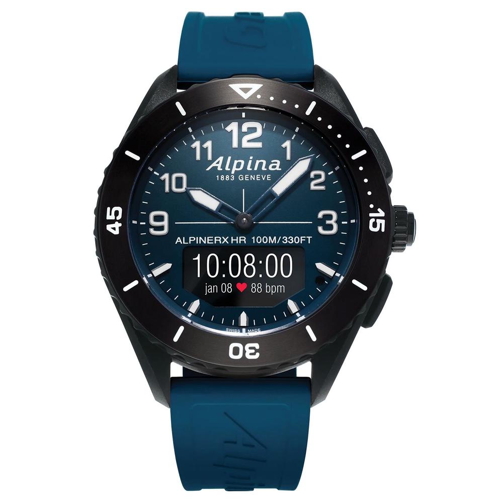 Alpina Alpiner X Alive Smartwatch Black Fiber Glass Case Blue Dial Blue Rubber Strap Interchangeable Blue Nylon Strap Quartz Men