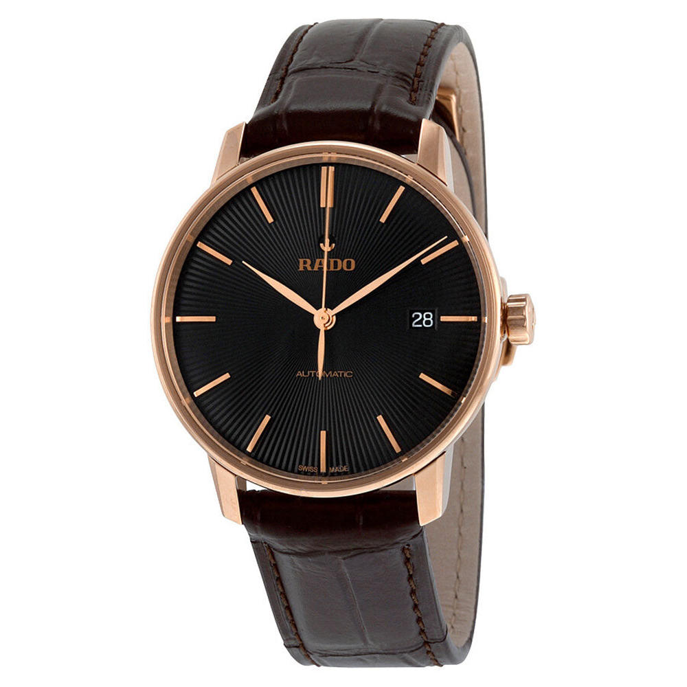 Rado Coupole Classic Automatic Rose Gold-Tone Stainless Steel Black Dial Brown Leather Strap Date Mens Watch R22861165