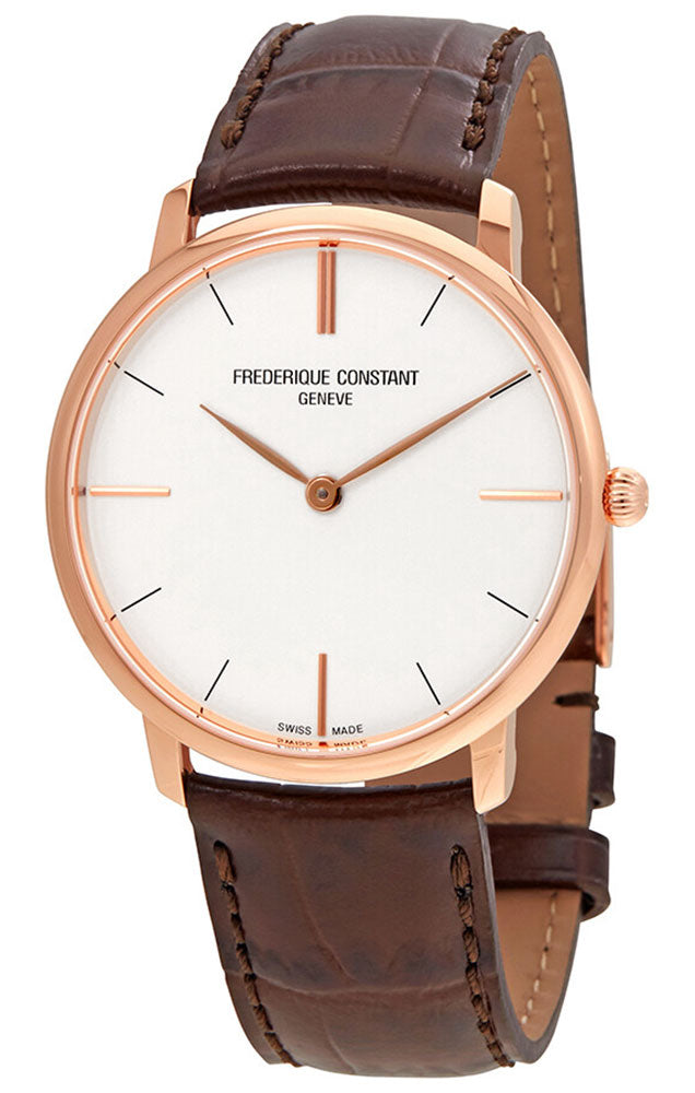 Frederique Constant Slimline Rose Gold-Tone Stainless Steel Silver Dial Brown Leather Strap Quartz Mens Watch FC-200V5S34