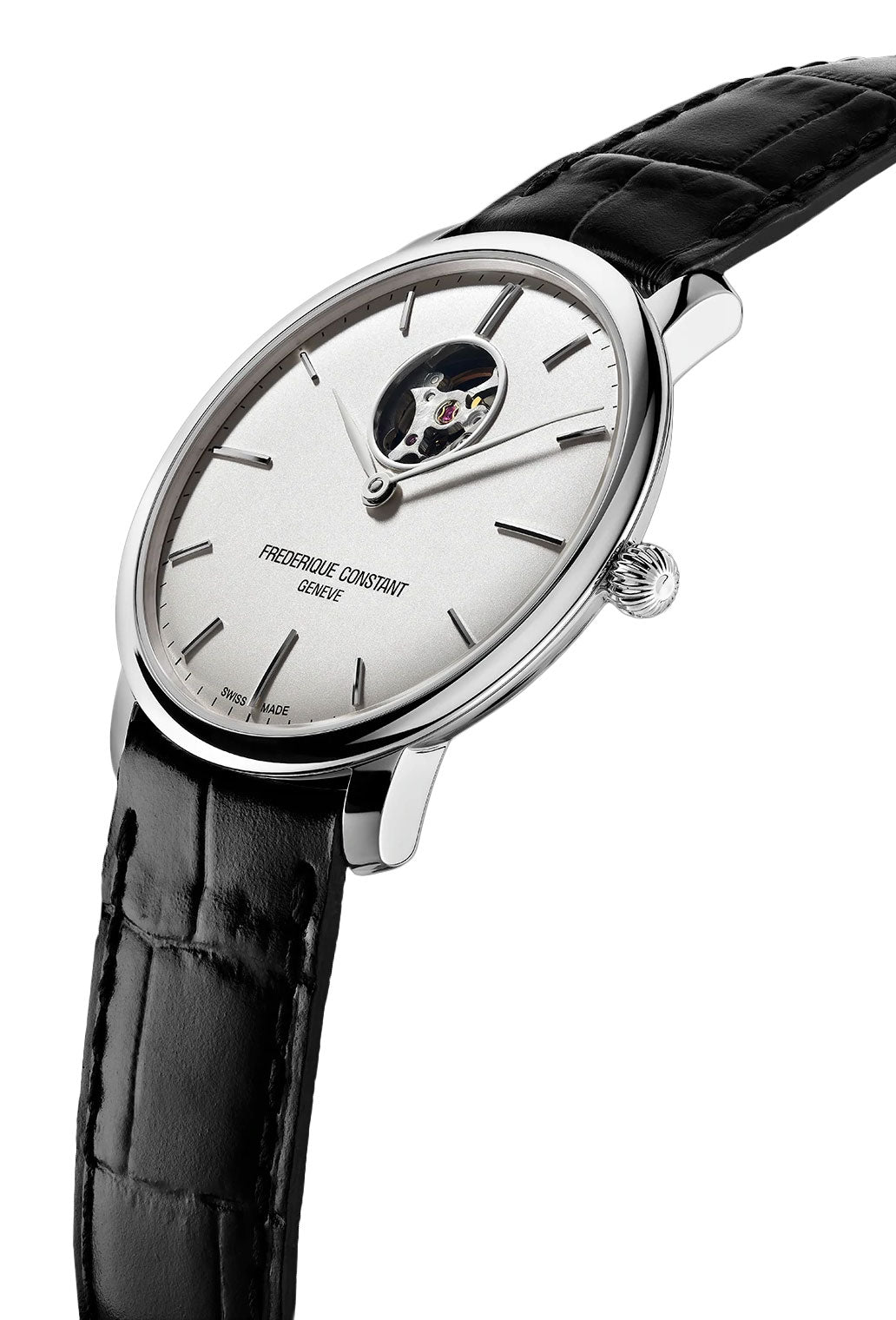 Frederique Constant Slimline Heart Beat Automatic Stainless Steel Silver Dial Black Leather Strap Mens Watch FC-312S4S6