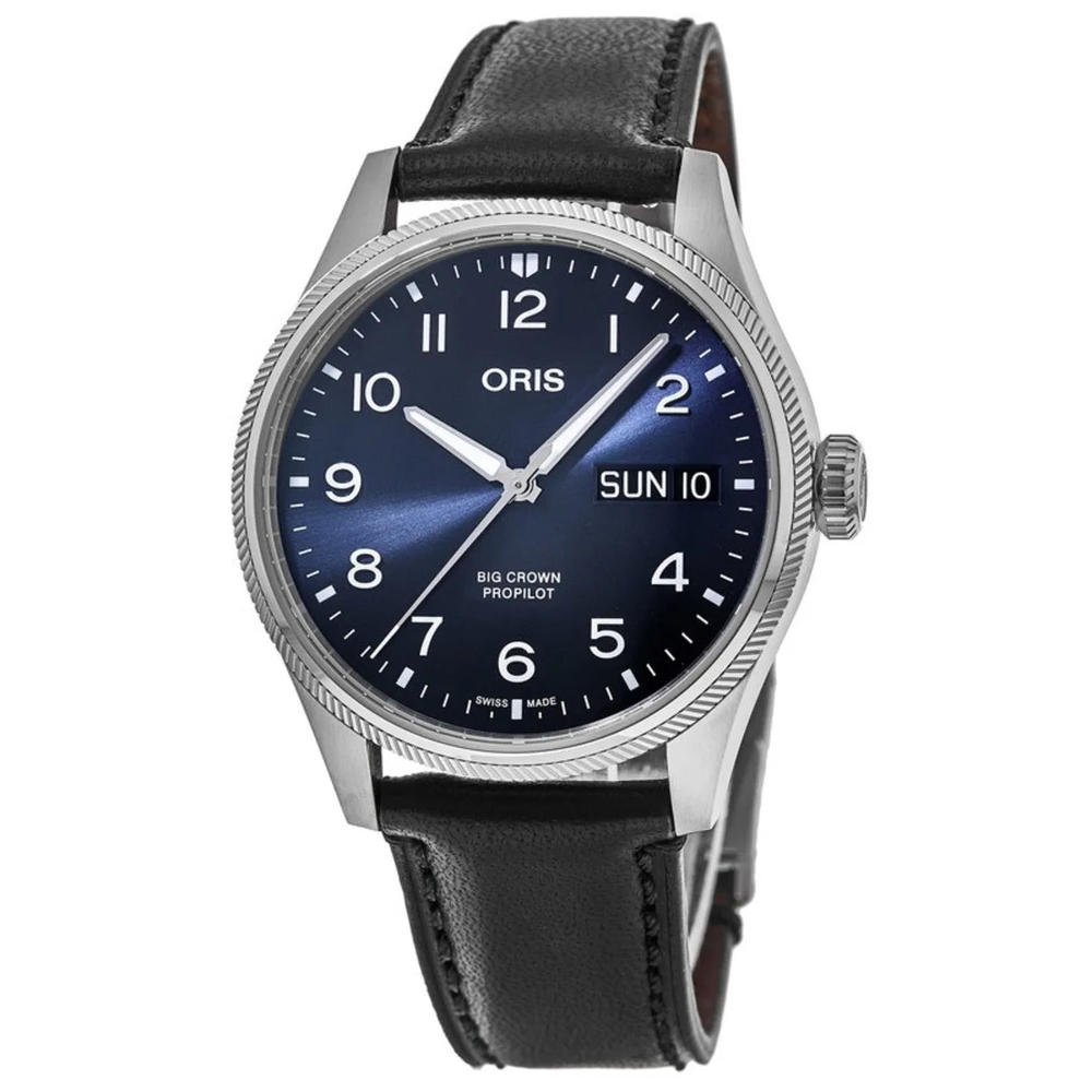 Oris Big Crown ProPilot Automatic Stainless Steel Blue Dial Black Leather Strap Day/Date Mens Watch 752 7760 4065-07 5 22 08LC