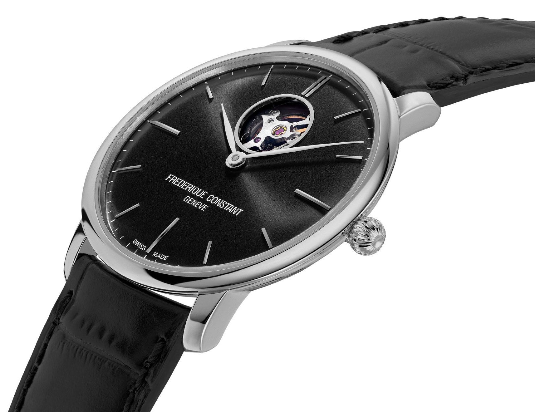Frederique Constant Slimline Heart Beat Automatic Stainless Steel Black Dial Black Leather Strap Mens Watch FC-312B4S6