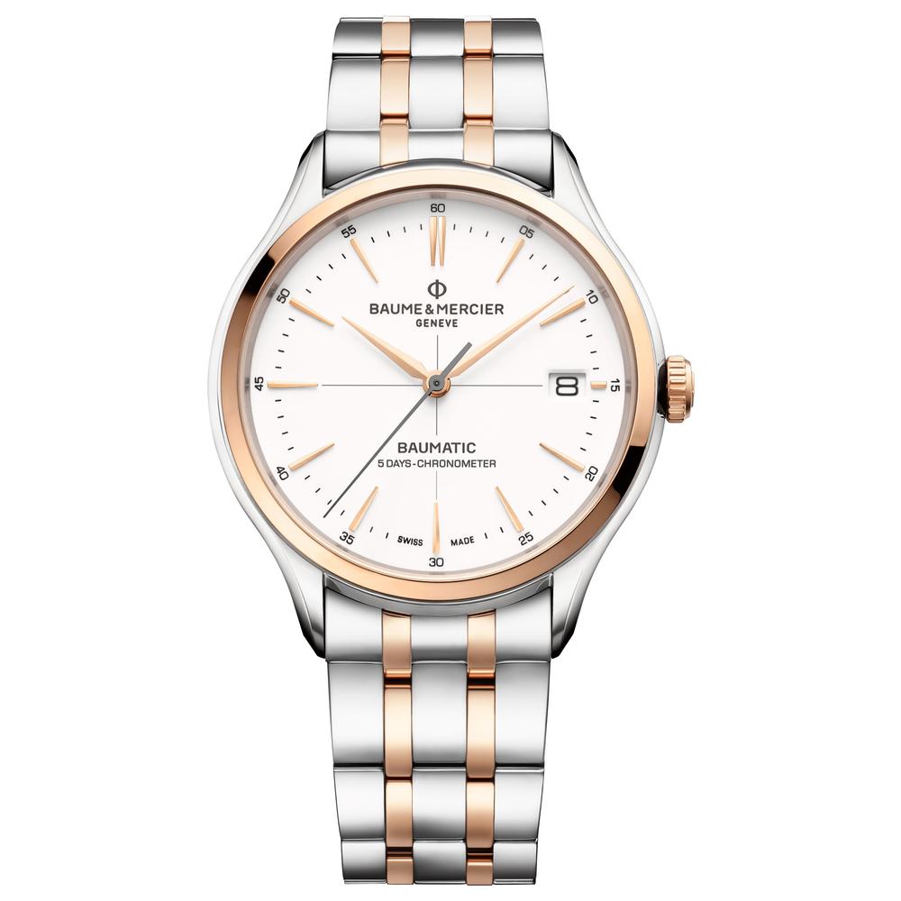 Baume & Mercier Clifton Baumatic COSC Automatic 18K Rose Gold & Steel White Dial Date Mens Watch M0A10458