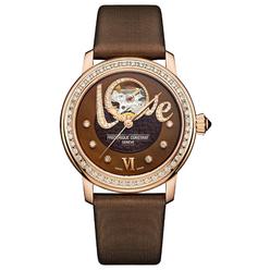 Frederique Constant Love Heart Beat Automatic Rose Gold Plated Steel Brown Dial Brown Satin Strap Diamonds Womens Watch FC-310CL