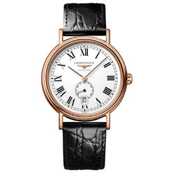 Longines Presence Automatic Rose Gold PVD White Dial Black Leather Strap Date Mens Watch L4.904.1.11.2