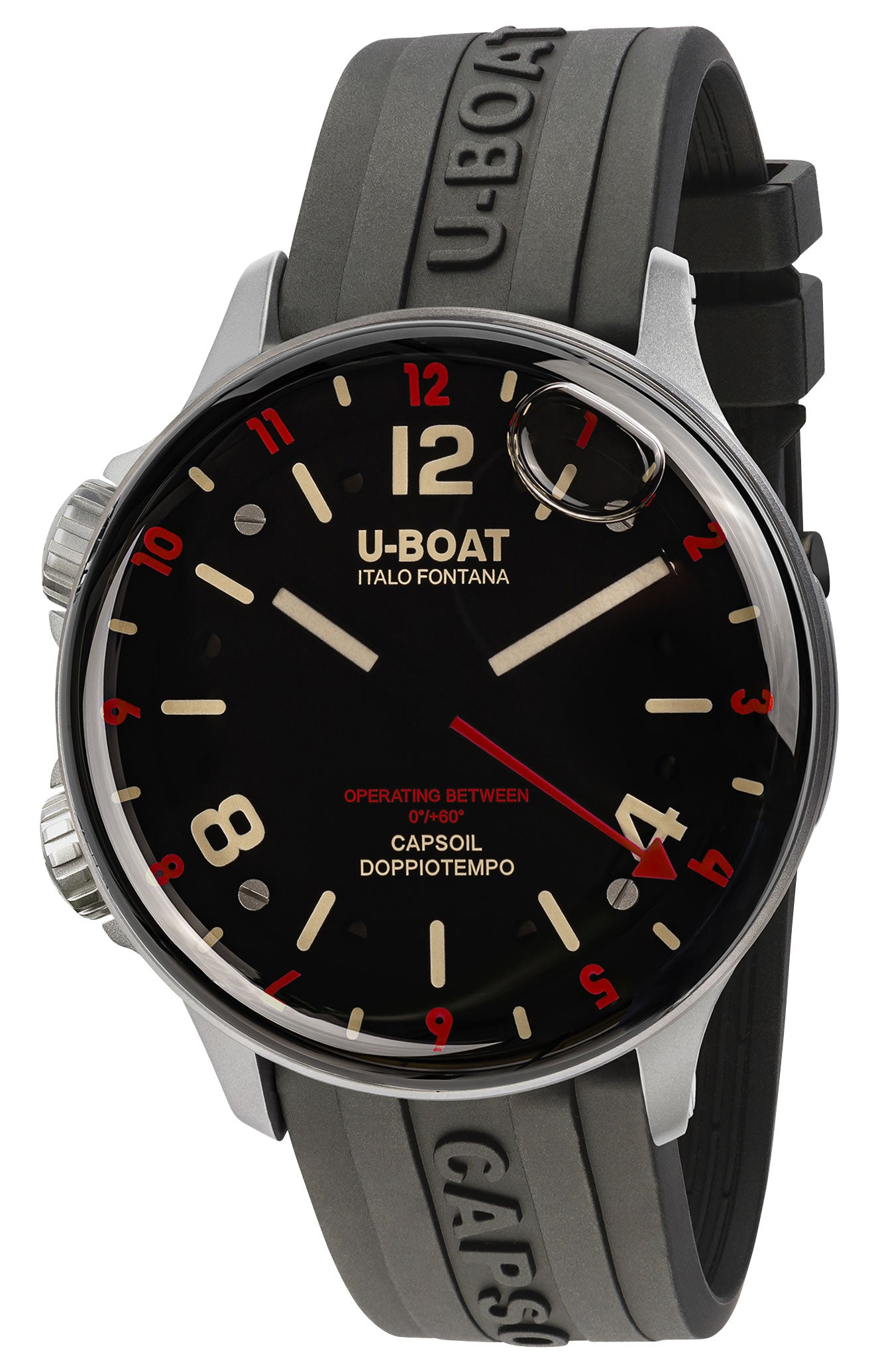 U-Boat Capsoil Doppiotempo Stainless Steel Black Dial Black Rubber Strap Swiss Electro-mechanical Mens Watch 8839