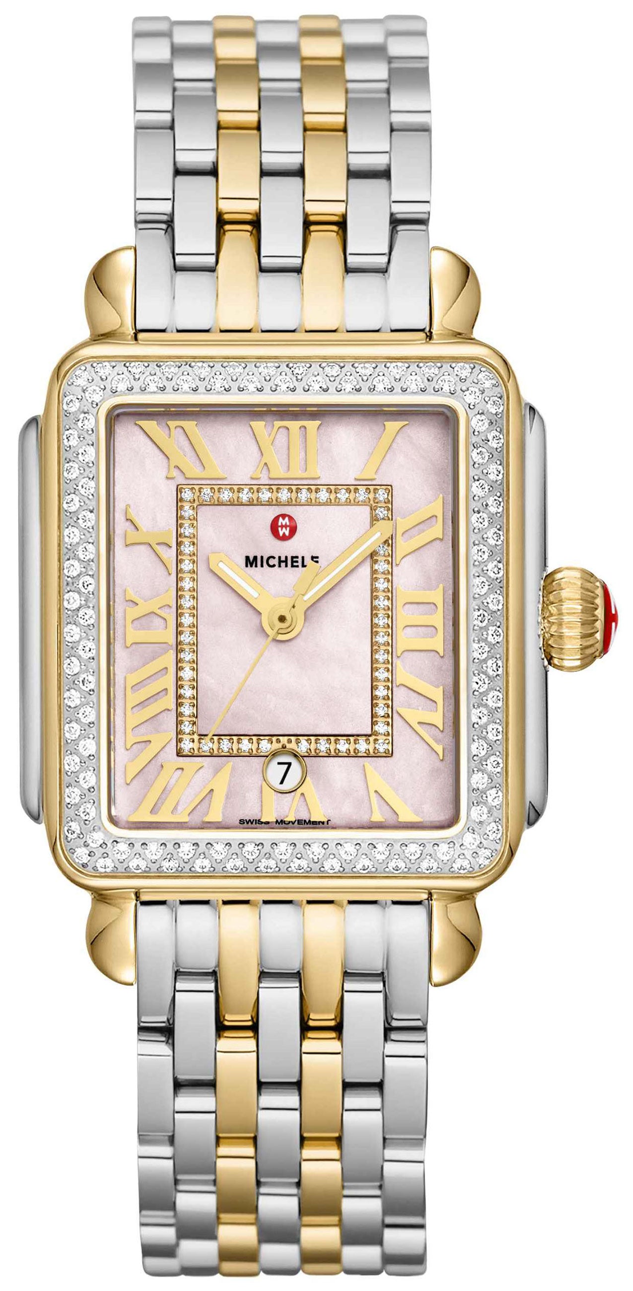 Michele Deco Madison Two-Tone Steel Diamonds Pink Mother-of-Pearl Dial Date Rectangle Womens Watch MWW06T000266