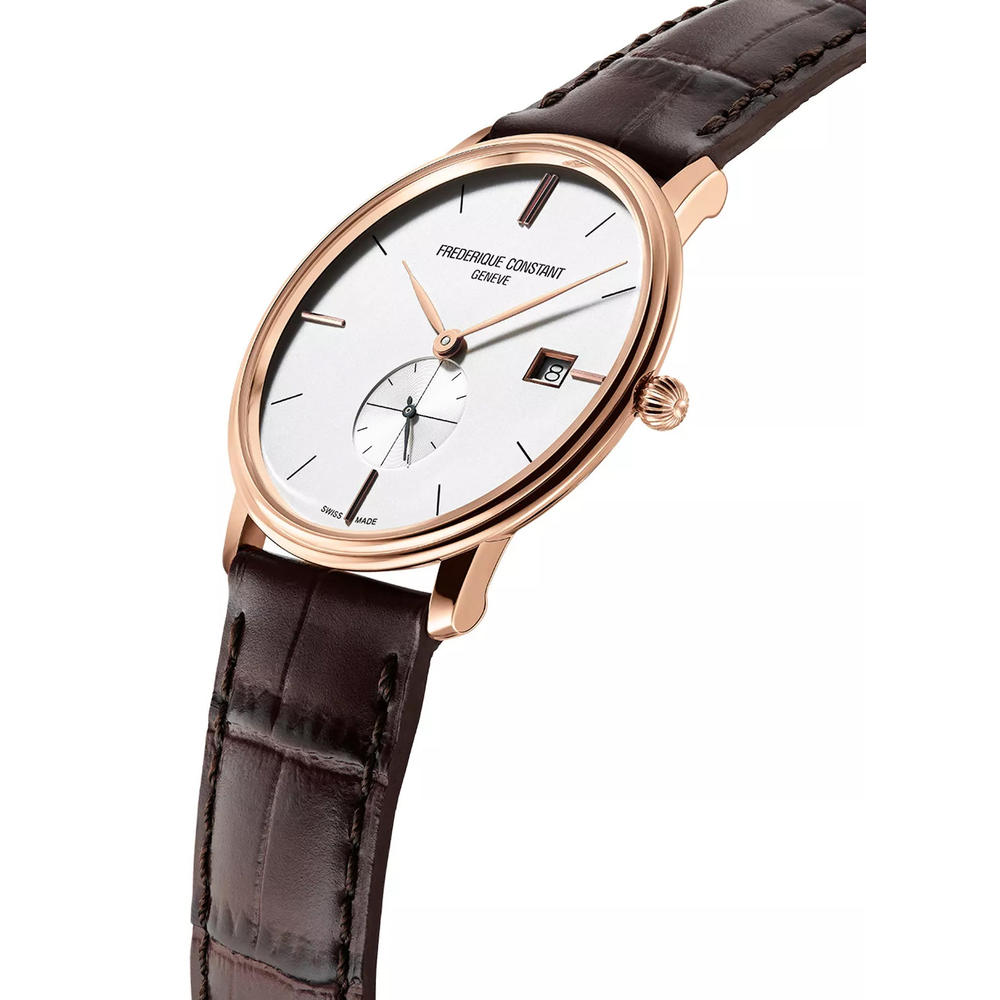 Frederique Constant Slimline Small Seconds Rose Gold PVD Silver Dial Brown Leather Strap Date Quartz Mens Watch FC-245V5S4