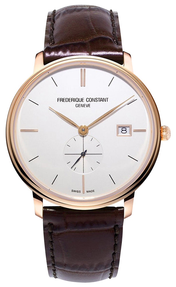 Frederique Constant Slimline Small Seconds Rose Gold PVD Silver Dial Brown Leather Strap Date Quartz Mens Watch FC-245V5S4