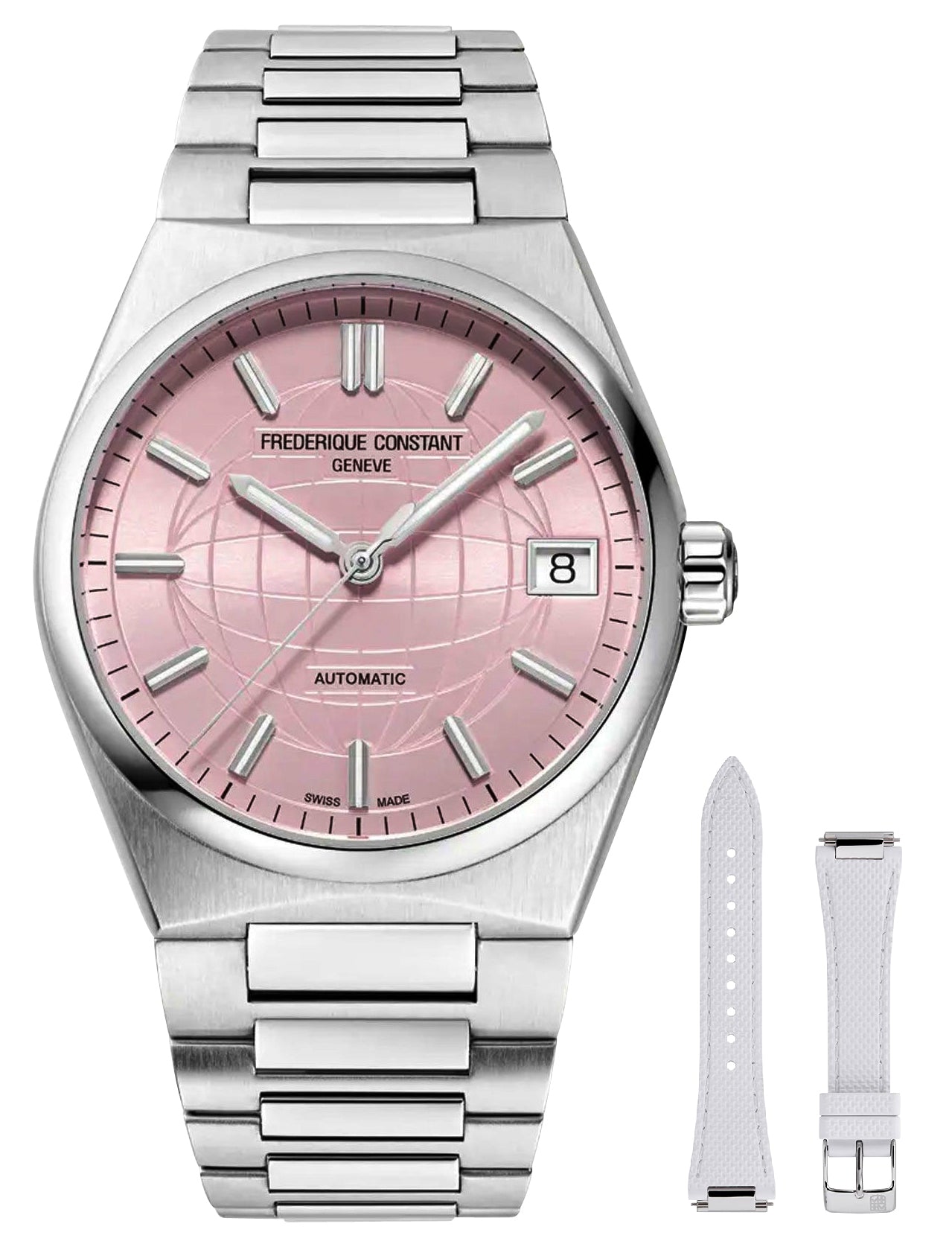 Frederique Constant Highlife Automatic Stainless Steel Pink Dial Interchangeable White Rubber Strap Date Womens Watch FC-303LP2N