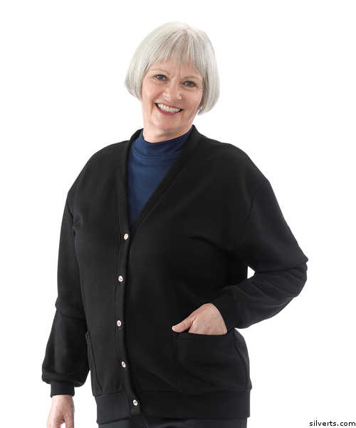 Silvert's Women's Quality Fleece Cardigan - Two Pocket Button Front Cardigans - Color black