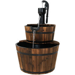 Sunnydaze Decor Rustic 2-Tier Wood Barrel Water Fountain with Hand Pump - 34-Inch