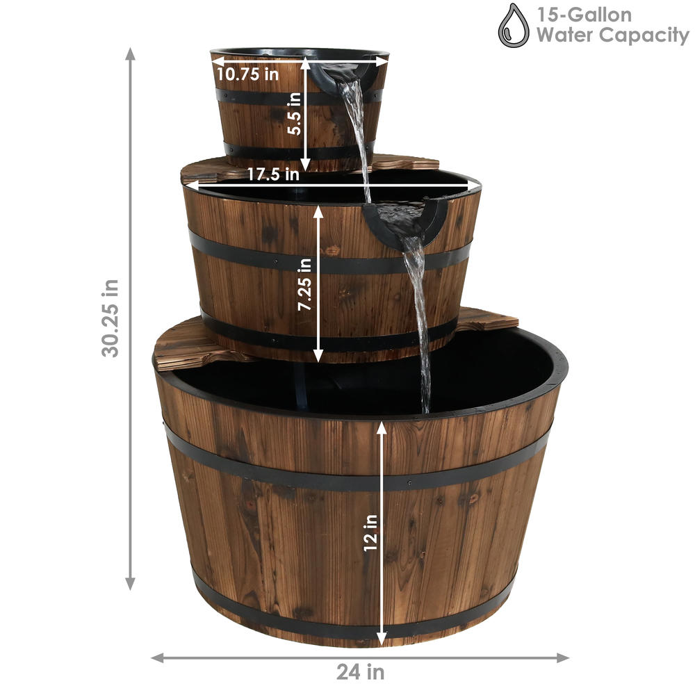 Sunnydaze Decor Rustic 3-Tier Wood Barrel Water Fountain - 30-Inch