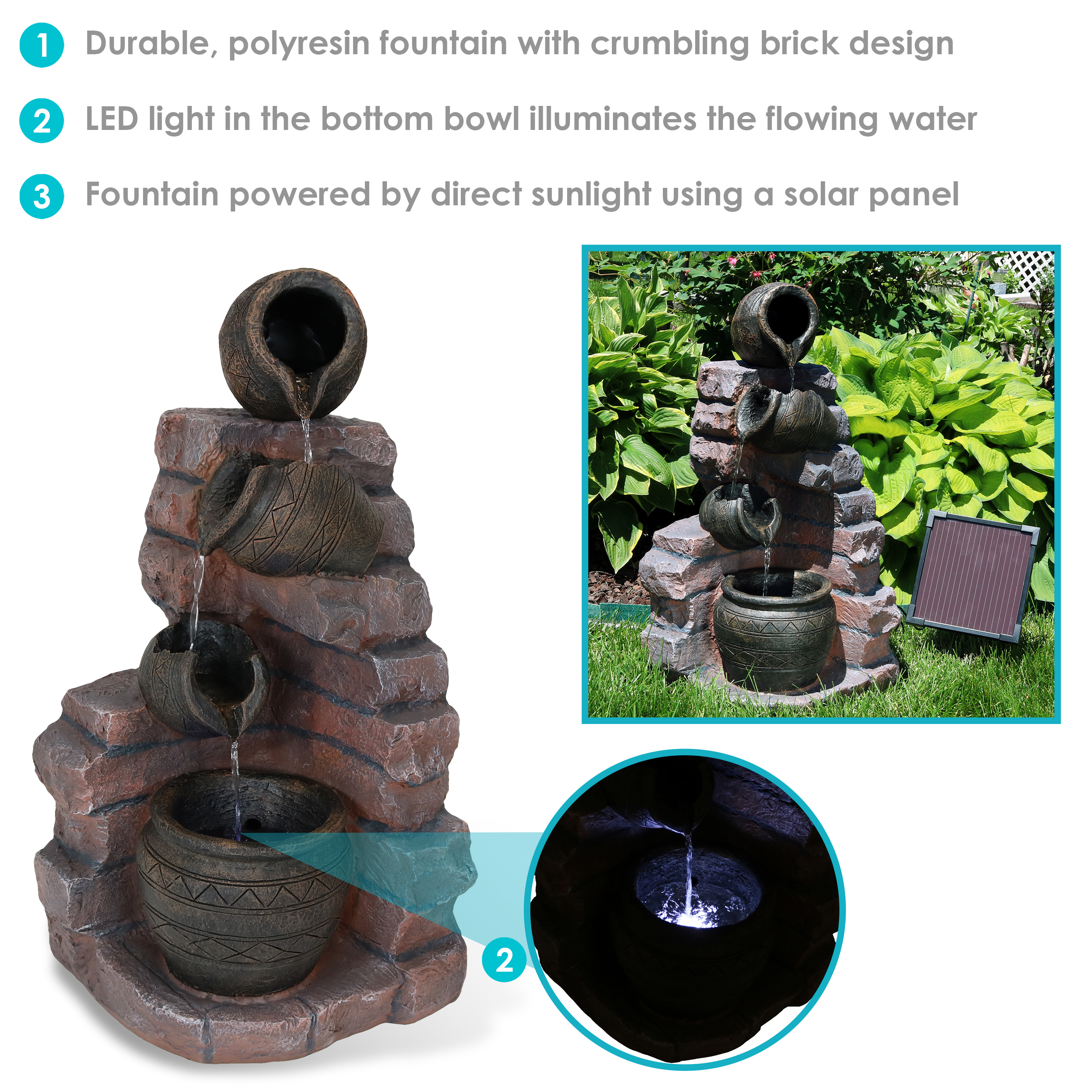 Sunnydaze Decor Crumbling Bricks and Pots Solar Water Fountain with Battery Backup - 27-Inch