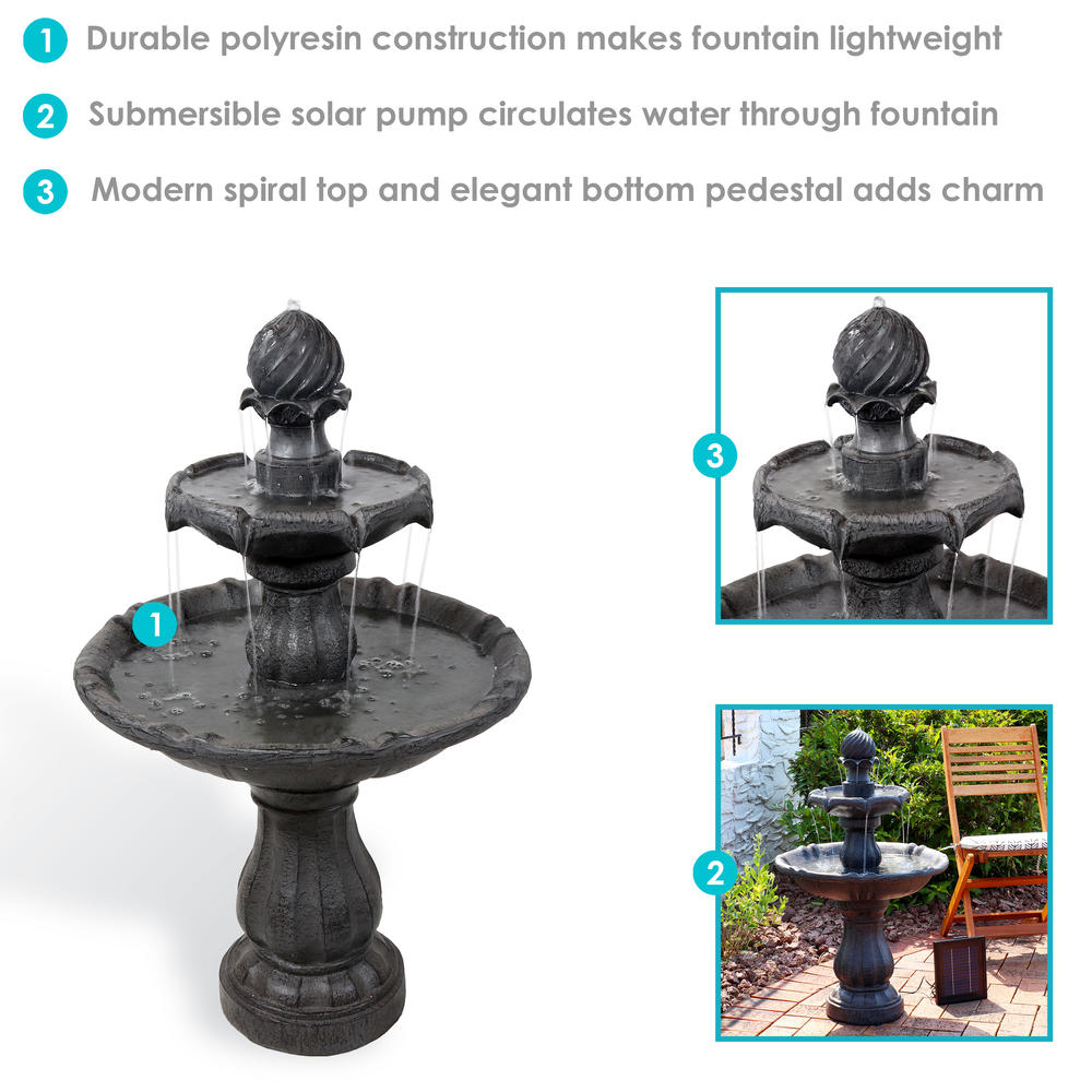 Sunnydaze Decor 2-Tier Solar Outdoor Water Fountain with Battery Backup - Black Finish - 35-Inch