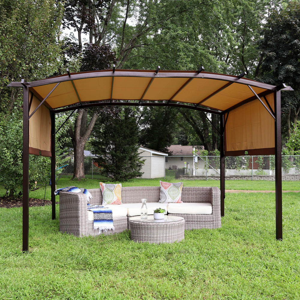 Sunnydaze Decor 9 x 12 Foot Metal Arched Pergola with Retractable Canopy - Tan