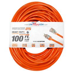LifeSupplyUSA 100 ft Extension cord 14/3 SJTW with Lighted end  - Orange -  Indoor / Outdoor Heavy Duty Extra Durability 13AMP 125V 1625W...