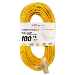 LifeSupplyUSA 12/3 100ft Wire Gauge 3 OUTLET Tri-Source SJT Indoor Outdoor Vinyl LIGHTED Electric Extension Cord, 100 Feet