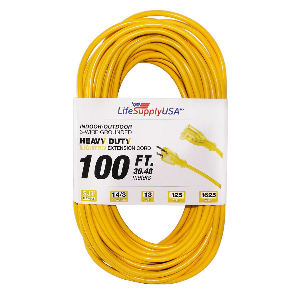 LifeSupplyUSA 2 Pack - 14/3 100ft SJTW Lighted End Heavy Duty Extension Cord (100 feet)
