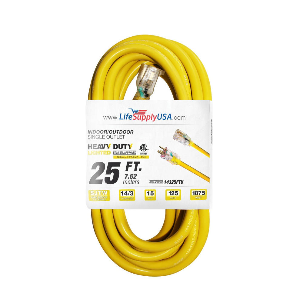LifeSupplyUSA 25 ft Extension cord 14/3 SJTW with Lighted end  - Yellow -  Indoor / Outdoor Heavy Duty Extra Durability 15AMP 125V 1875W...