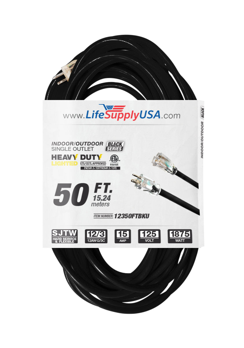 LifeSupplyUSA 50 ft Extension cord 12/3 SJTW with Lighted end  - Black -  Indoor / Outdoor Heavy Duty Extra Durability 15AMP 125V 1875W...