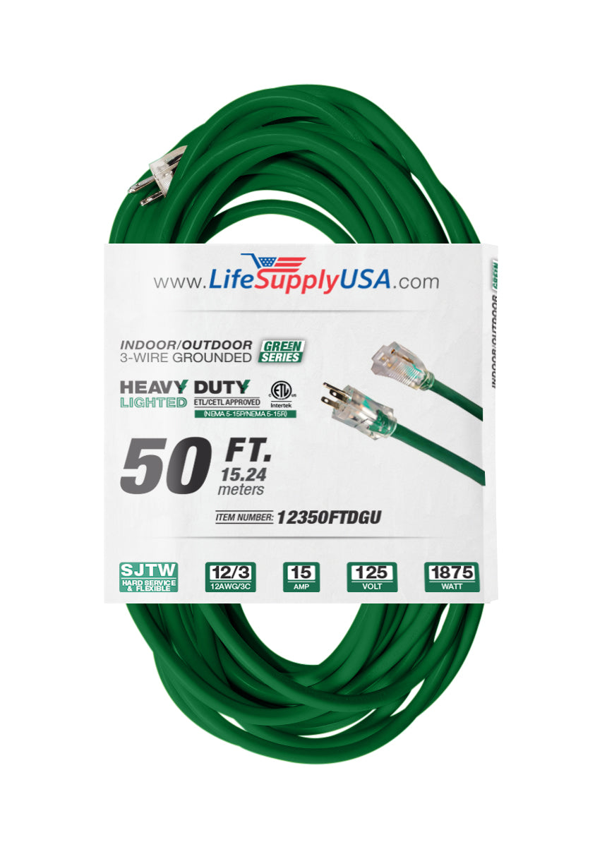 LifeSupplyUSA 50 ft Extension cord 12/3 SJTW with Lighted end  - Green -  Indoor / Outdoor Heavy Duty Extra Durability 15AMP 125V 1875W...