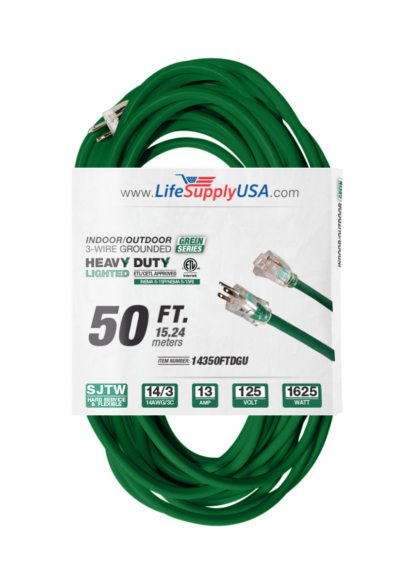 LifeSupplyUSA 50 ft Extension cord 14/3 SJTW with Lighted end  - Green -  Indoor / Outdoor Heavy Duty Extra Durability 13AMP 125V 1625W...