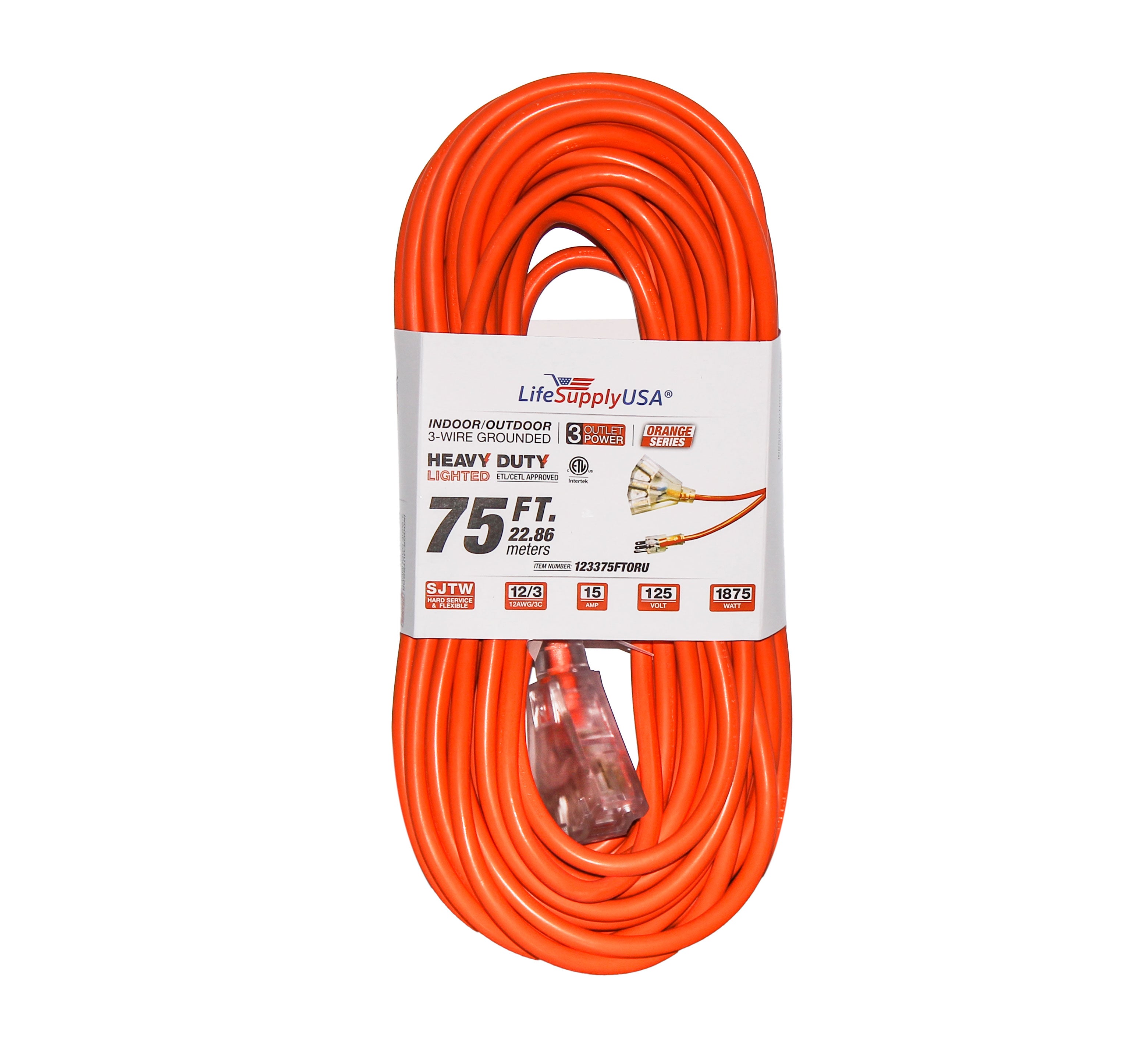 LifeSupplyUSA 75 ft Extension cord 12/3 3-Outlet SJTW with Lighted end  - Orange -  Indoor / Outdoor Heavy Duty Extra Durability 15AMP...