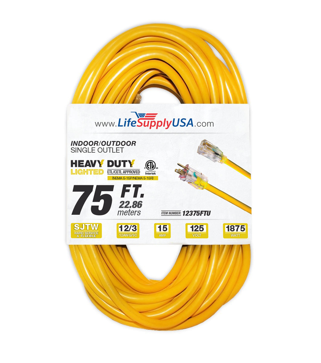 LifeSupplyUSA 75 ft Extension cord 12/3 SJTW with Lighted end  - Yellow -  Indoor / Outdoor Heavy Duty Extra Durability 15AMP 125V 1875W...
