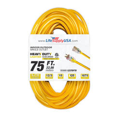 LifeSupplyUSA 75 ft Extension cord 12/3 SJTW with Lighted end  - Yellow -  Indoor / Outdoor Heavy Duty Extra Durability 15AMP 125V 1875W...
