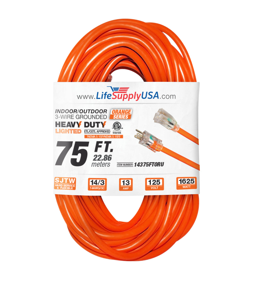 LifeSupplyUSA 75 ft Extension cord 14/3 SJTW with Lighted end  - Orange -  Indoor / Outdoor Heavy Duty Extra Durability 13AMP 125V 1625W...