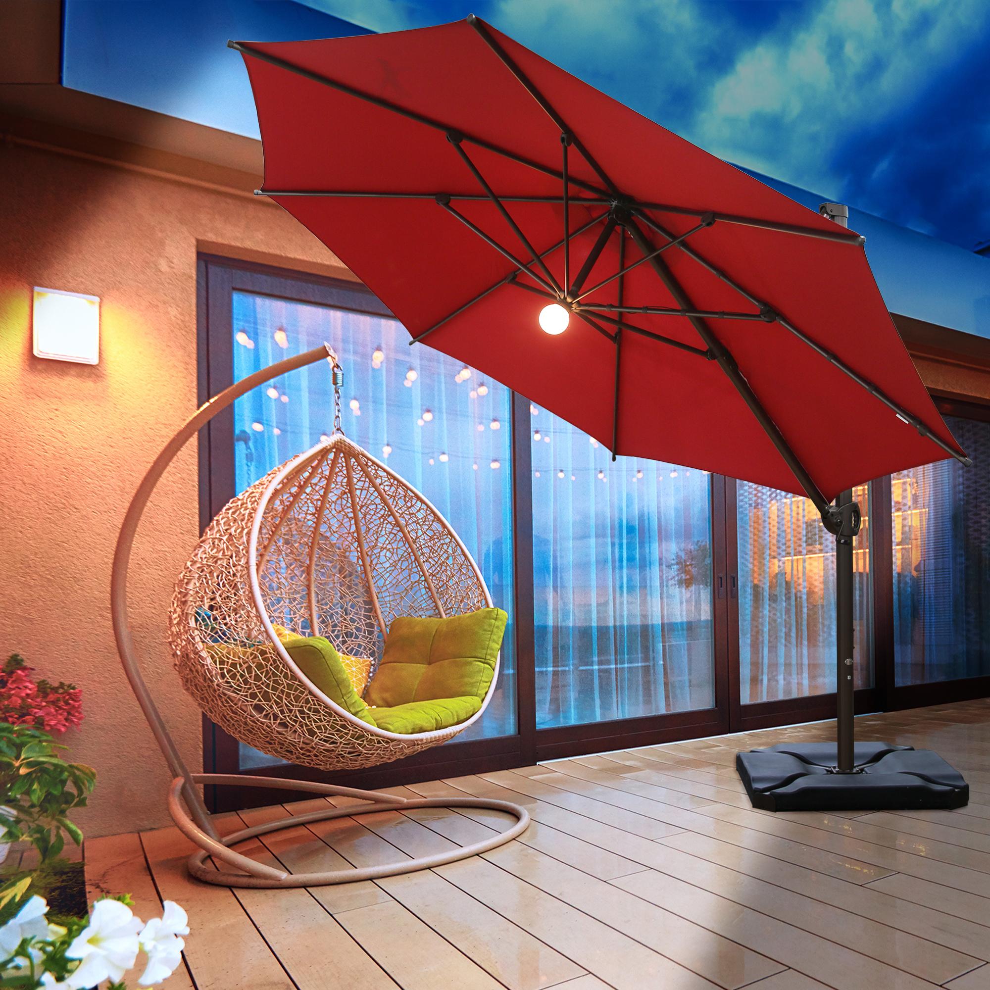 Abba Patio SEABBALRC330DR 11 ft Round Solar Lighted Cantilever Umbrella  with Easy Tilt u0026 Cross Base for Garden, Backyard, Pool and Deck, Red