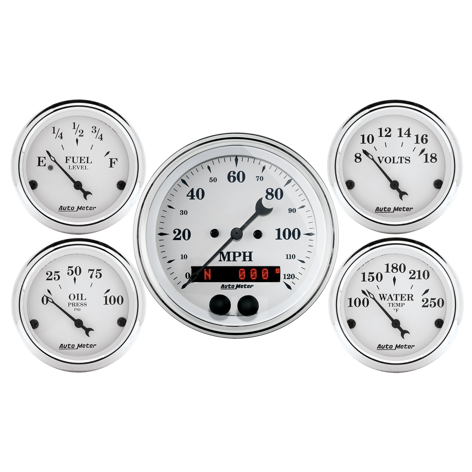 AutoMeter 1650 Old Tyme White 5 Gauge Set Fuel/Oil/Speedo/Volt/Water