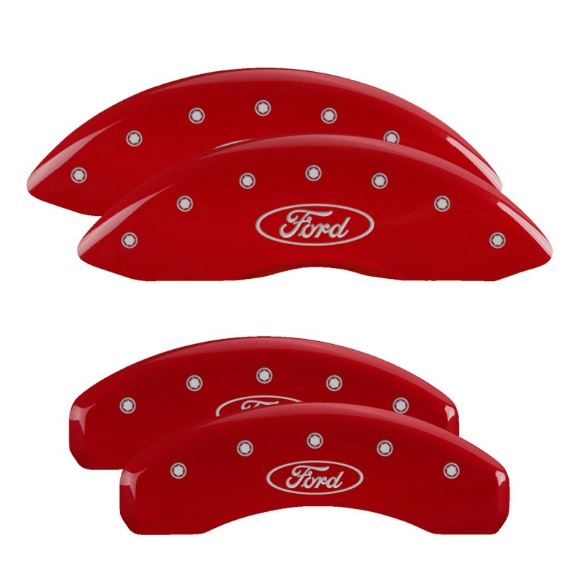 MGP Caliper Covers 10239SFRDRD Red Powder Coat Finish Front and Rear Caliper Cover, Set of 4 (Oval logo/Ford Silver