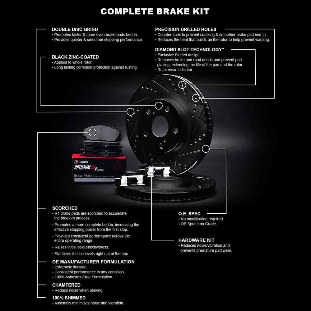 R1 Concepts WHUH1-73013 R1 Brake Rotors - D/S - Black w/ Optimum Oe Pads & Hdw