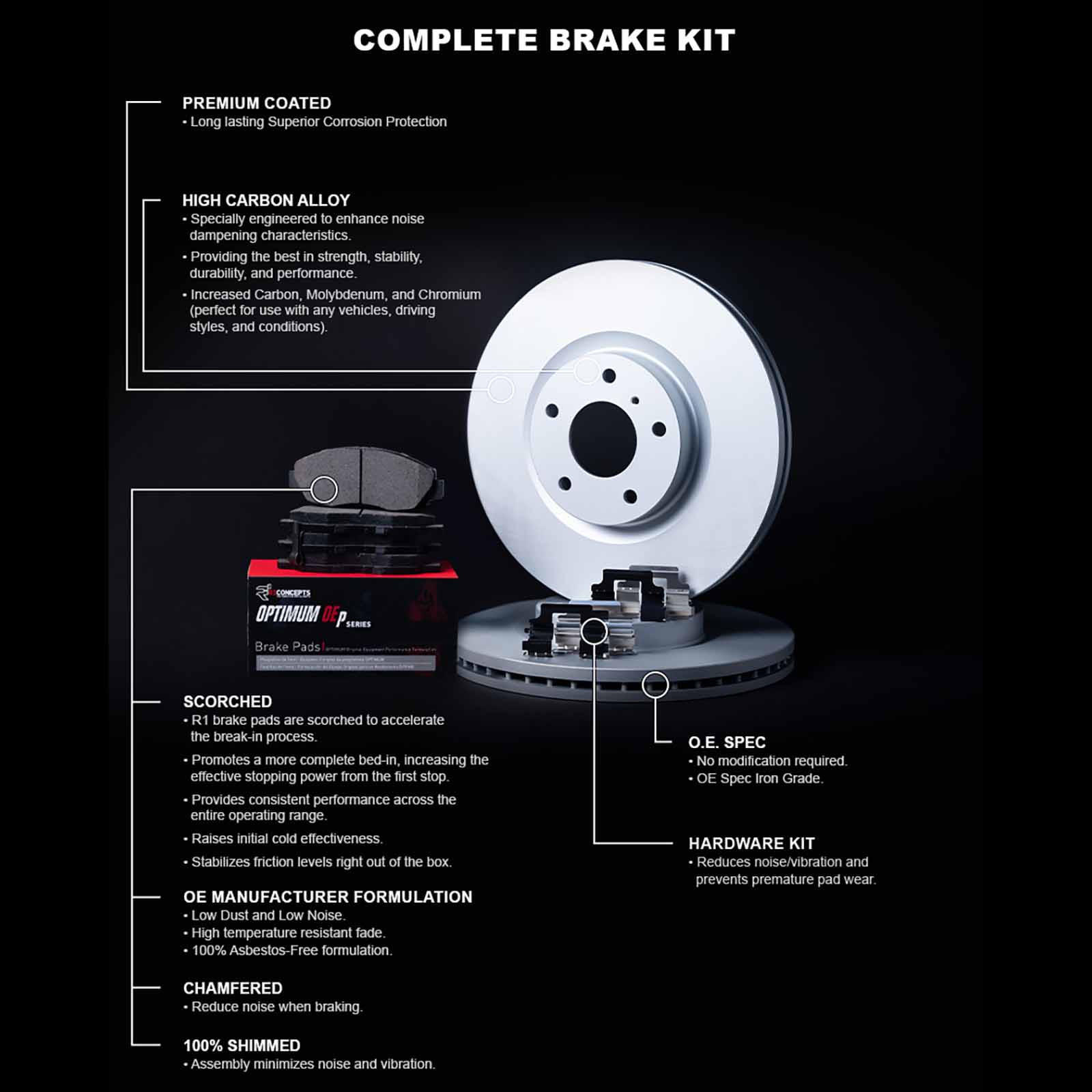 R1 Concepts WDUH1-03104 R1 Concepts Carbon Series Brake Rotors with 5000 Oep Brake Pads & Hdw